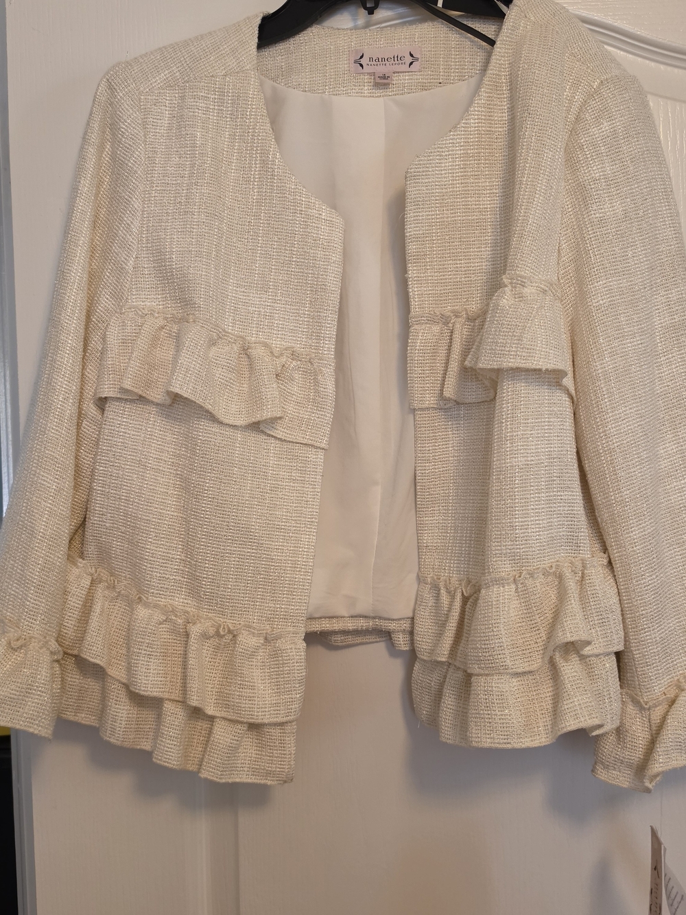 Nanette Lepore Cream Ruffle-Trim Open Front Jacket And Matching Skirt